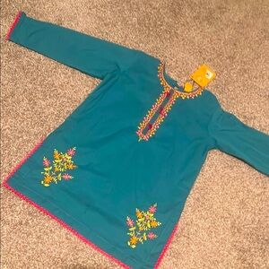 Teal Embroidered Tunic with Pink Accents